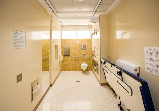 A single-use restroom with a hoist and an adult changing table