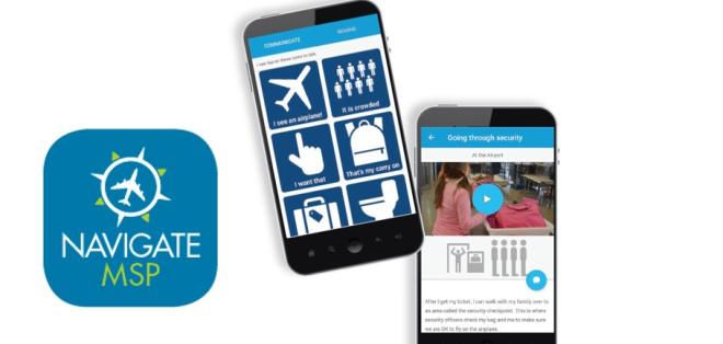 Two phones are displayed showing the Navigate MSP Airport App