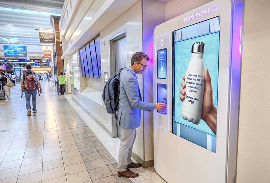 Passenger refilling water bottle